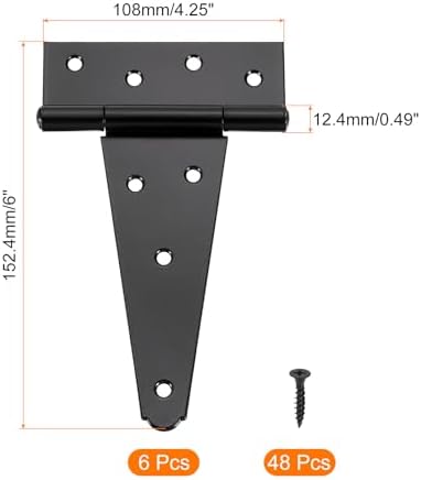 6 Pcs Unique T-Strap Door Hinges Rust-Resistant Black For Barn and Yard Doors