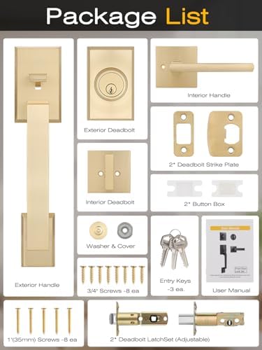 EHOMEWAREFront Door Handle Set for Doors with Reversible Lever Satin Brass Finish 100 Satisfaction Guaranteed