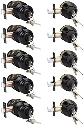 KNOBWELL 5 Pack Entry Door Knob and Single Cylinder Deadbolt Combo Set in Matte Black Keyed Alike