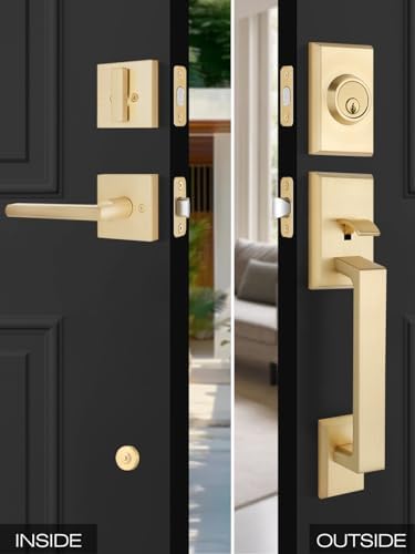 EHOMEWAREFront Door Handle Set for Doors with Reversible Lever Satin Brass Finish 100 Satisfaction Guaranteed