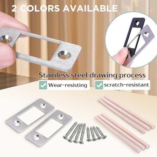 Sturdy SS Strike Plates 2PK Upgrade Large Hole Lock Restorers with Wood Dowels Easy to Install for Home Doors