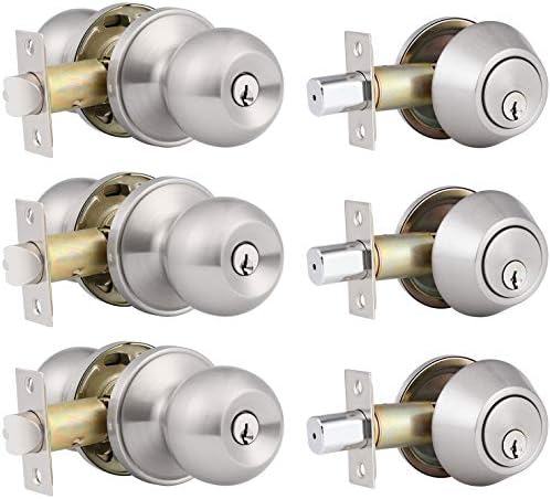 3 Pack Keyed Alike Door Knobs with Deadbolt Lock Set