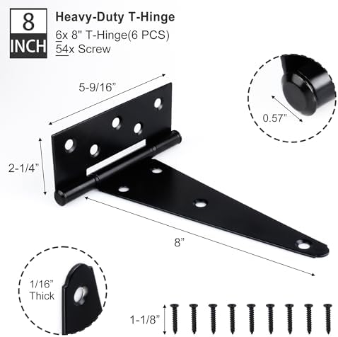 6 Pack 8 Inch T-Strap Shed Door Hinges Heavy Duty