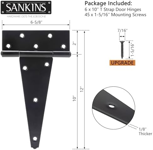 Heavy-Duty T-Strap Hinges for Wood Doors 10-Inch Pack of 6