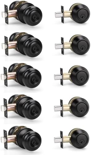 KNOBWELL 5 Pack Entry Door Knob and Single Cylinder Deadbolt Combo Set in Matte Black Keyed Alike