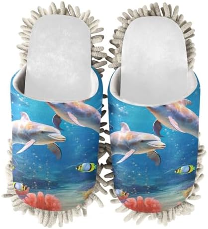 Cozy White Dolphins Fish Ocean Mop Slippers for Clean Home