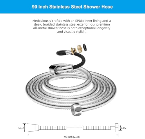 Hibbent All Metal 90-inch Stainless Steel Chrome Shower Hose wB brass Fittings for Home Use