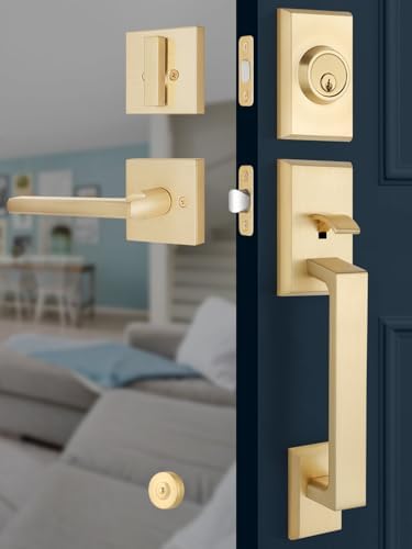 EHOMEWAREFront Door Handle Set for Doors with Reversible Lever Satin Brass Finish 100 Satisfaction Guaranteed