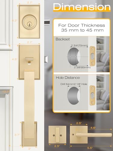 EHOMEWAREFront Door Handle Set for Doors with Reversible Lever Satin Brass Finish 100 Satisfaction Guaranteed