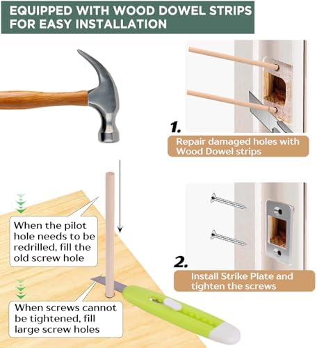 Sturdy SS Strike Plates 2PK Upgrade Large Hole Lock Restorers with Wood Dowels Easy to Install for Home Doors