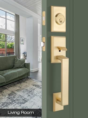 EHOMEWAREFront Door Handle Set for Doors with Reversible Lever Satin Brass Finish 100 Satisfaction Guaranteed