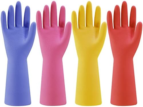 Bamllum Rubber Dishwashing Gloves - 4 Pairs Reusable Colorful Kitchen Cleaning Gloves