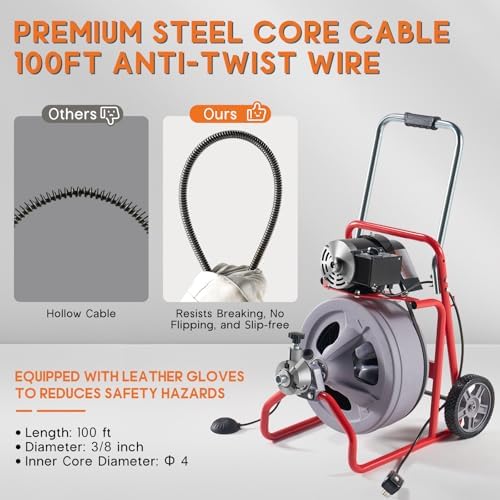 100FT Electric Drain Cleaner 38 with SafetyGuarantees for Plumbing Needs