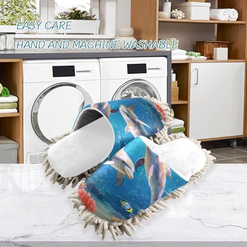 Cozy White Dolphins Fish Ocean Mop Slippers for Clean Home
