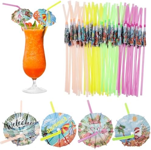 PAJIXANTHIC 200 Pcs Umbrella Drink Straws Tropical Party Supply