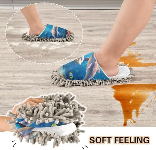 Cozy White Dolphins Fish Ocean Mop Slippers for Clean Home