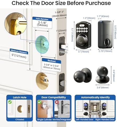 Veise Smart Keyless Entry Door Lock with 2 Knobs and Keypad Deadbolt Set