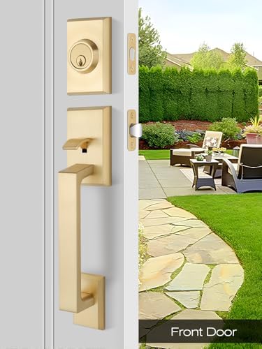 EHOMEWAREFront Door Handle Set for Doors with Reversible Lever Satin Brass Finish 100 Satisfaction Guaranteed