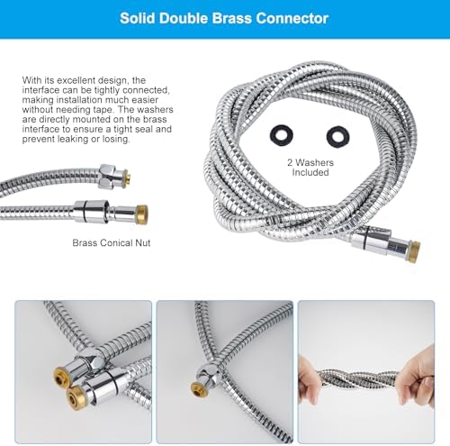 Hibbent All Metal 90-inch Stainless Steel Chrome Shower Hose wB brass Fittings for Home Use