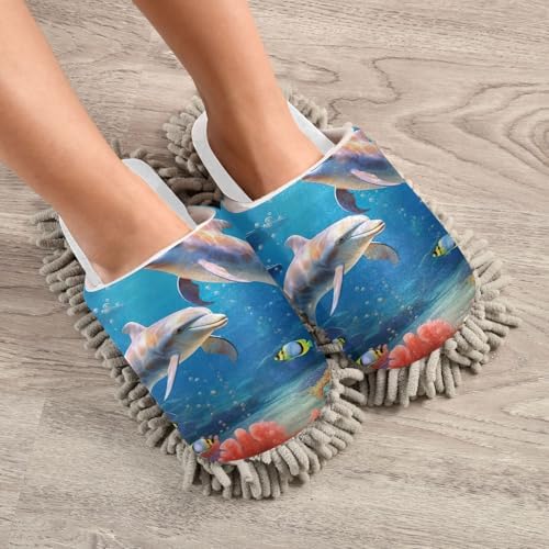 Cozy White Dolphins Fish Ocean Mop Slippers for Clean Home