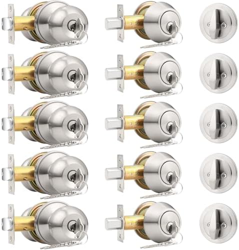 Probrico Entry Knob Deadbolt Set Brushed Nickel Keyed Alike Easy Install 5-Pack