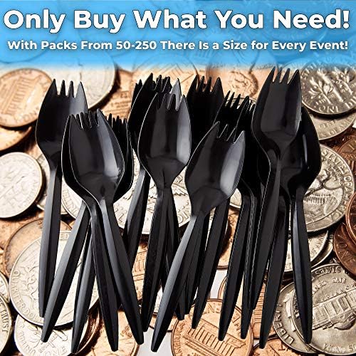 BPA-Free Black Disposable Sporks 250 Pk Recyclable Eco-Friendly and Kid-Safe 2-in-1 Utensils Built Strong to Last
