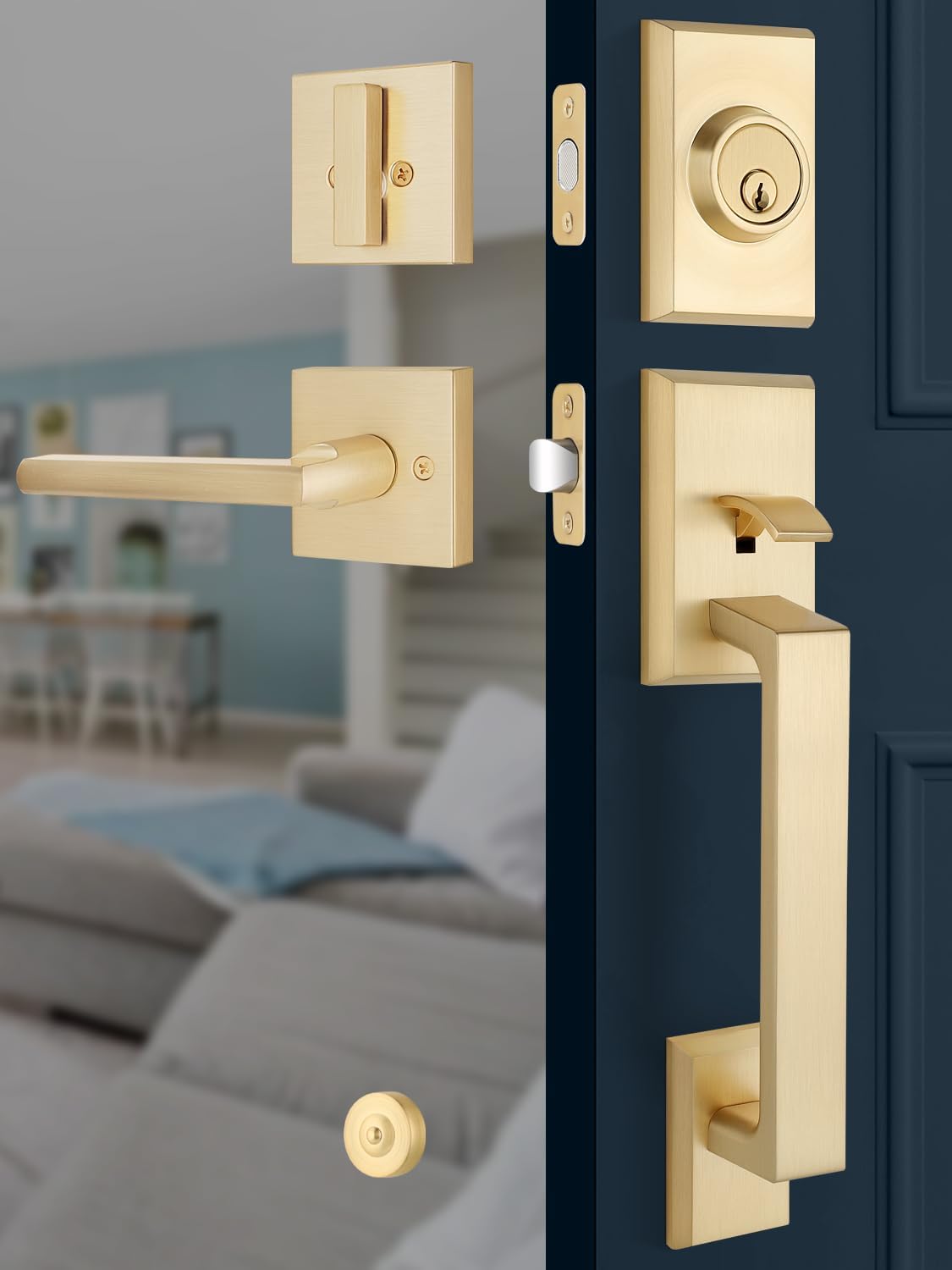 EHOMEWAREFront Door Handle Set for Doors with Reversible Lever Satin Brass Finish 100 Satisfaction Guaranteed