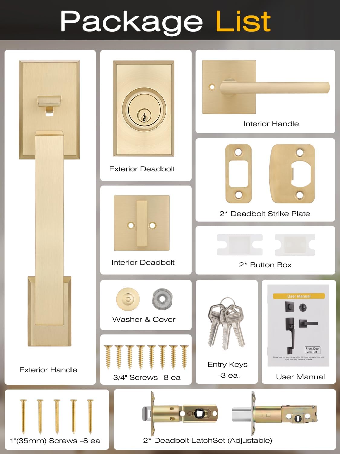 EHOMEWAREFront Door Handle Set for Doors with Reversible Lever Satin Brass Finish 100 Satisfaction Guaranteed