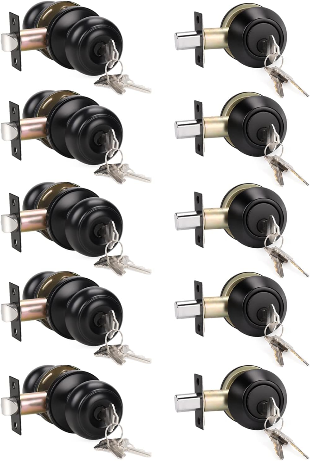 KNOBWELL 5 Pack Entry Door Knob and Single Cylinder Deadbolt Combo Set in Matte Black Keyed Alike