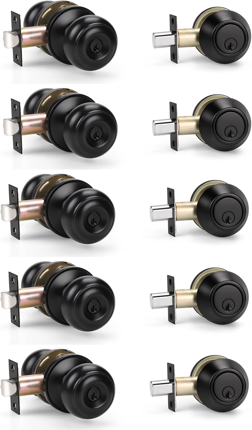KNOBWELL 5 Pack Entry Door Knob and Single Cylinder Deadbolt Combo Set in Matte Black Keyed Alike