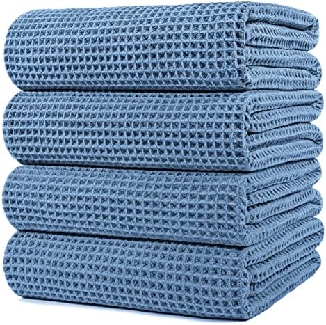 POLYTE Microfiber Bath Towel 60x30 4 Pack Blue Waffle Weave