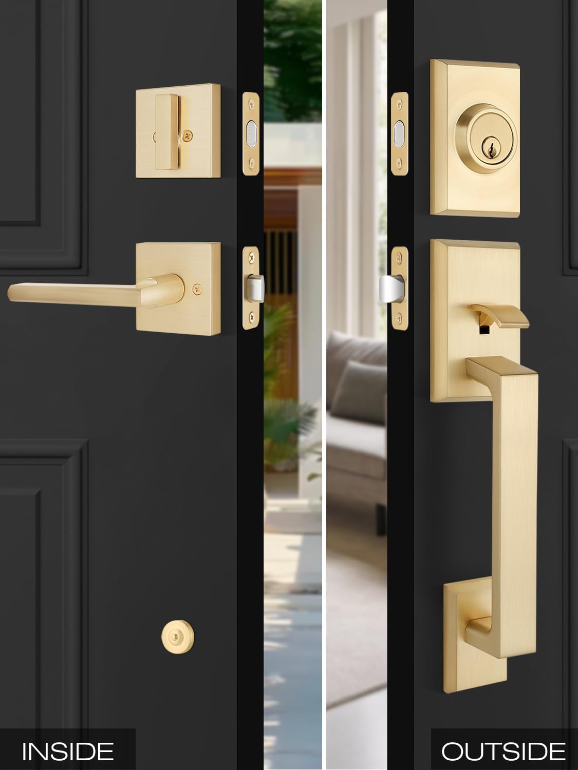 EHOMEWAREFront Door Handle Set for Doors with Reversible Lever Satin Brass Finish 100 Satisfaction Guaranteed