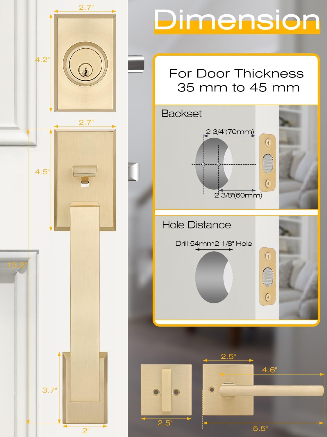 EHOMEWAREFront Door Handle Set for Doors with Reversible Lever Satin Brass Finish 100 Satisfaction Guaranteed