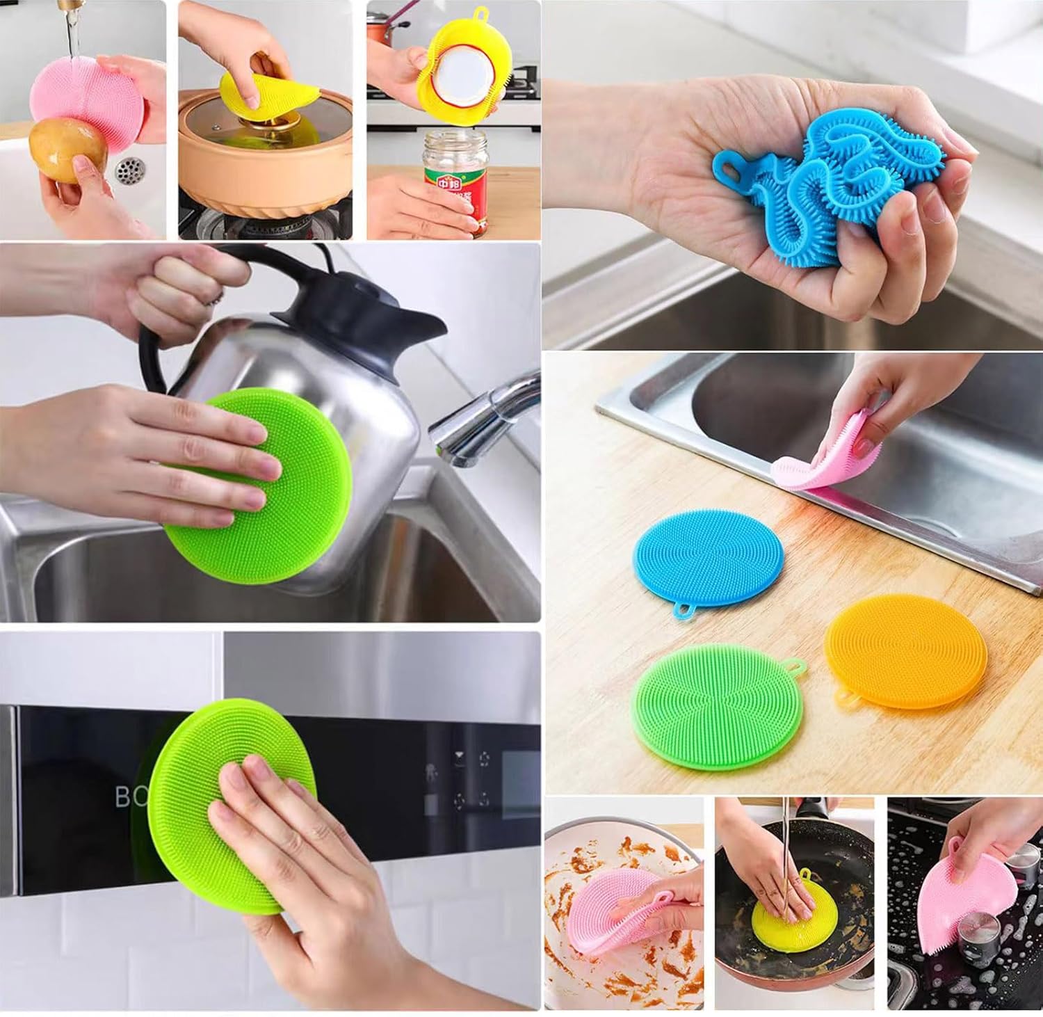 Borsicge 12-Pack Silicone Dish Scrubber BPA-Free Reusable Kitchen Essential for Tough Cleaning Jobs