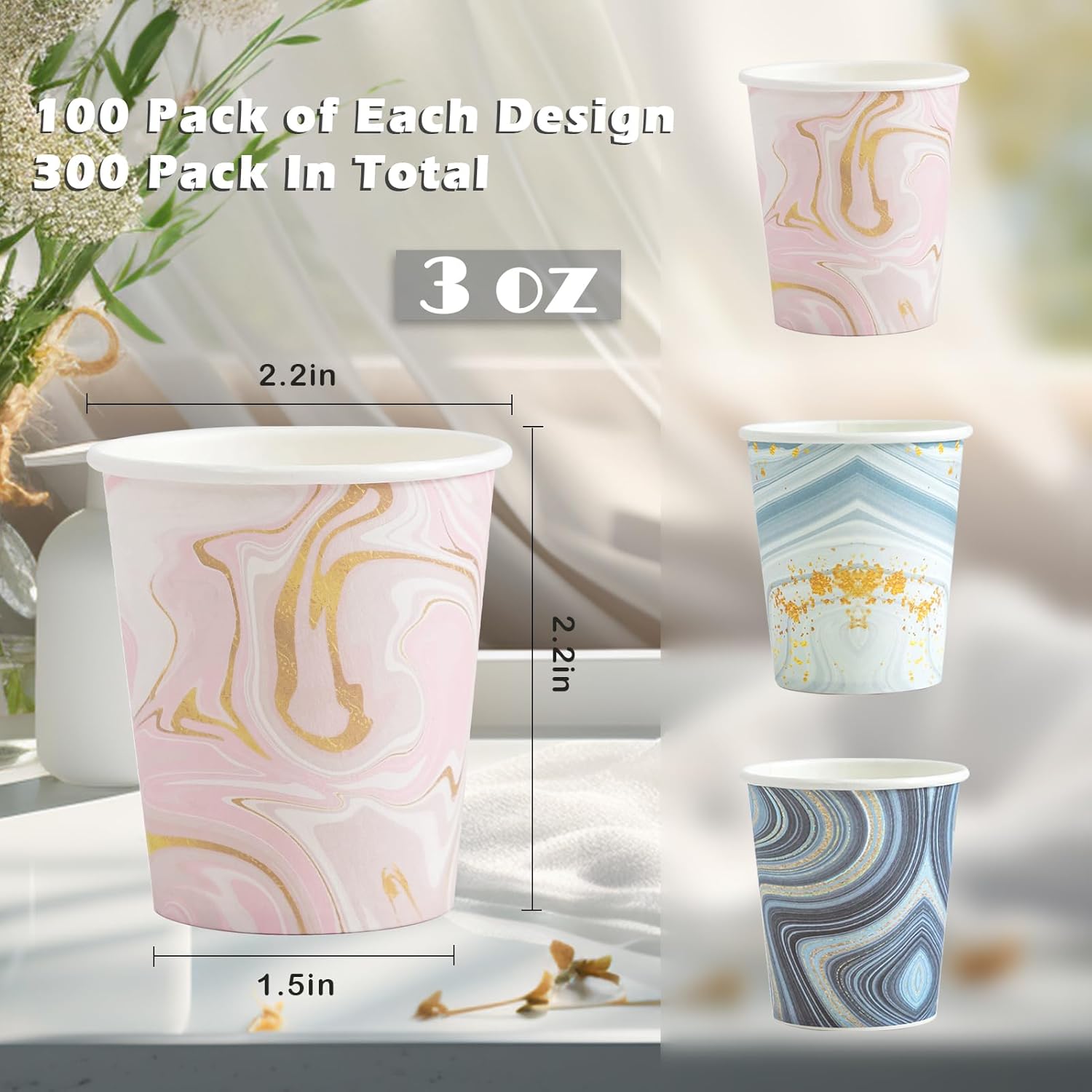 300-Pack 3oz Disposable Paper Cups Mixed Colors Perfect for Bathroom Medications Mouthwash and Small Beverages