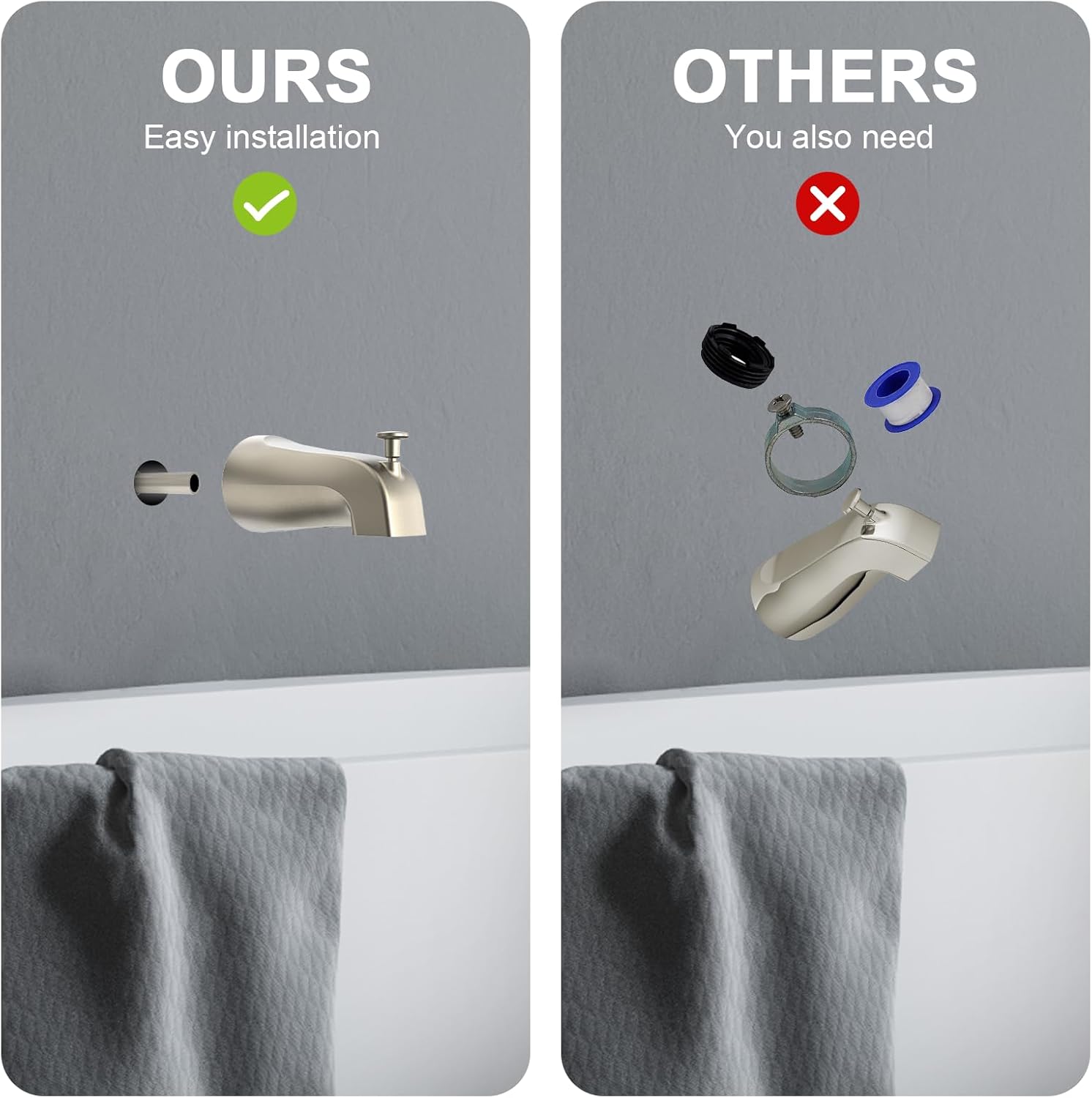 Gold Hao 5 Universal Slip-On Tub Spout with Diverter -install easily save water 58 Copper Pipe Brushed Nickel