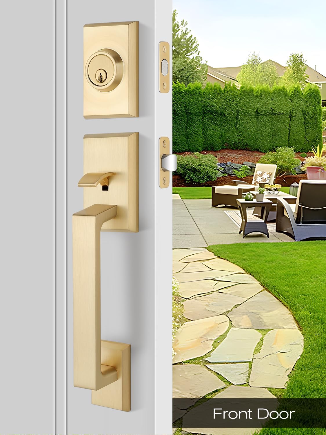 EHOMEWAREFront Door Handle Set for Doors with Reversible Lever Satin Brass Finish 100 Satisfaction Guaranteed