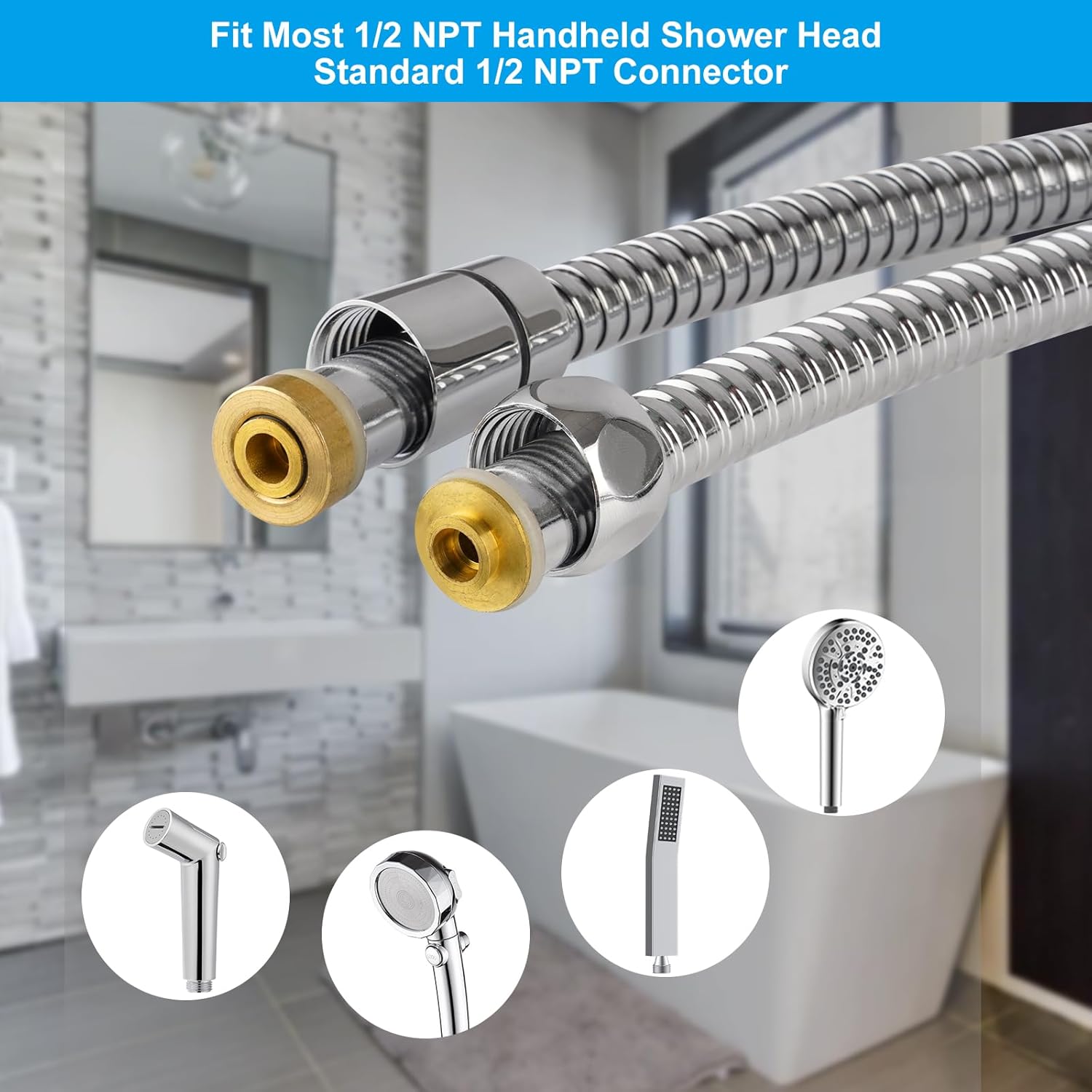 Hibbent All Metal 90-inch Stainless Steel Chrome Shower Hose wB brass Fittings for Home Use