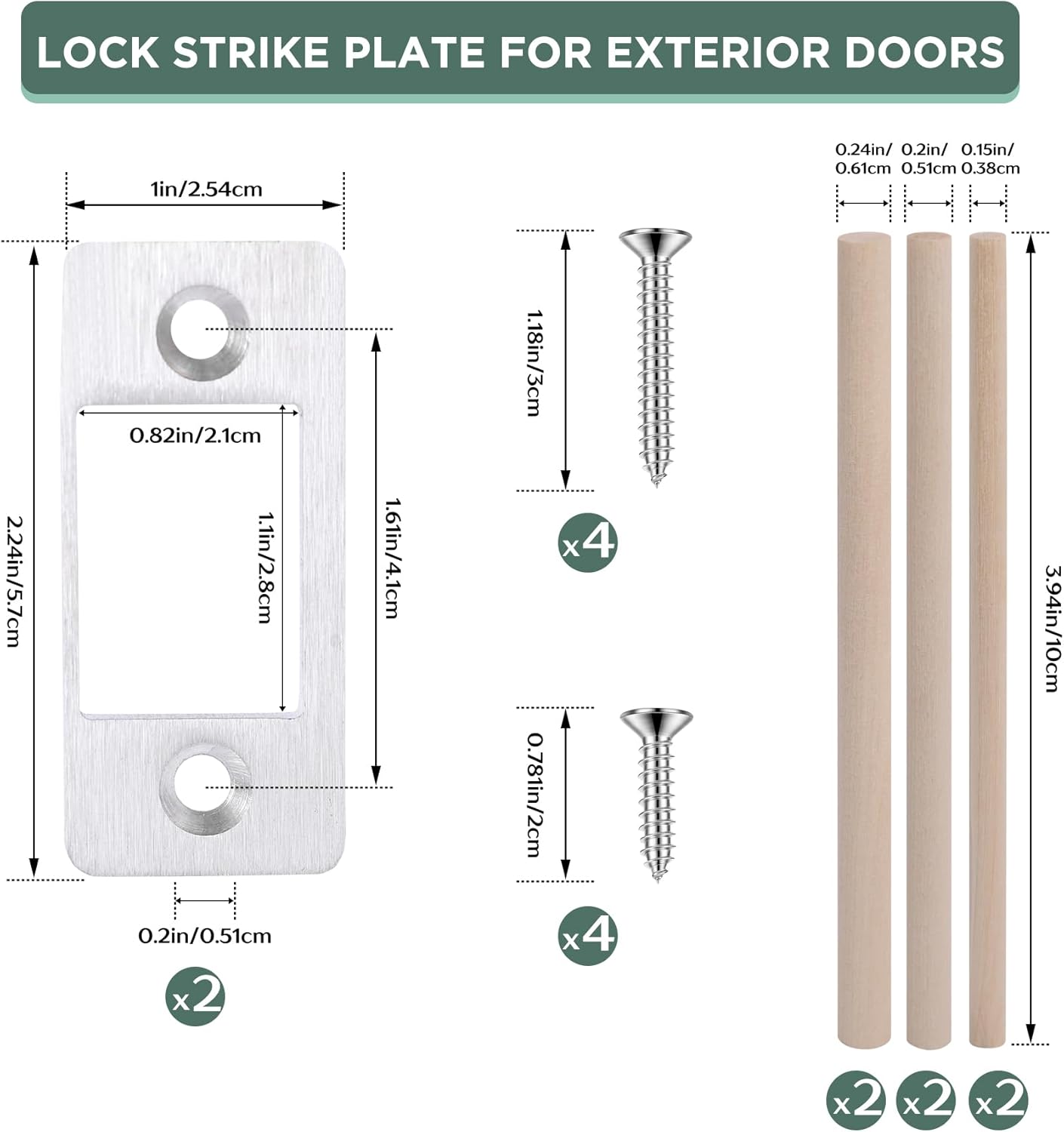 Sturdy SS Strike Plates 2PK Upgrade Large Hole Lock Restorers with Wood Dowels Easy to Install for Home Doors