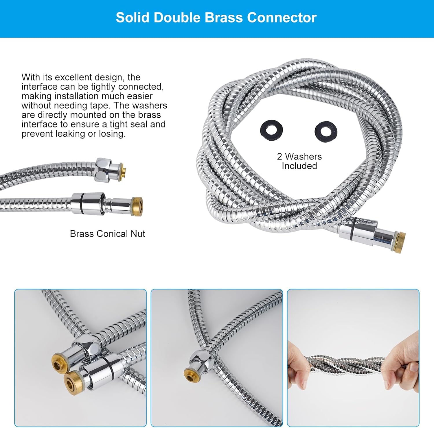 Hibbent All Metal 90-inch Stainless Steel Chrome Shower Hose wB brass Fittings for Home Use