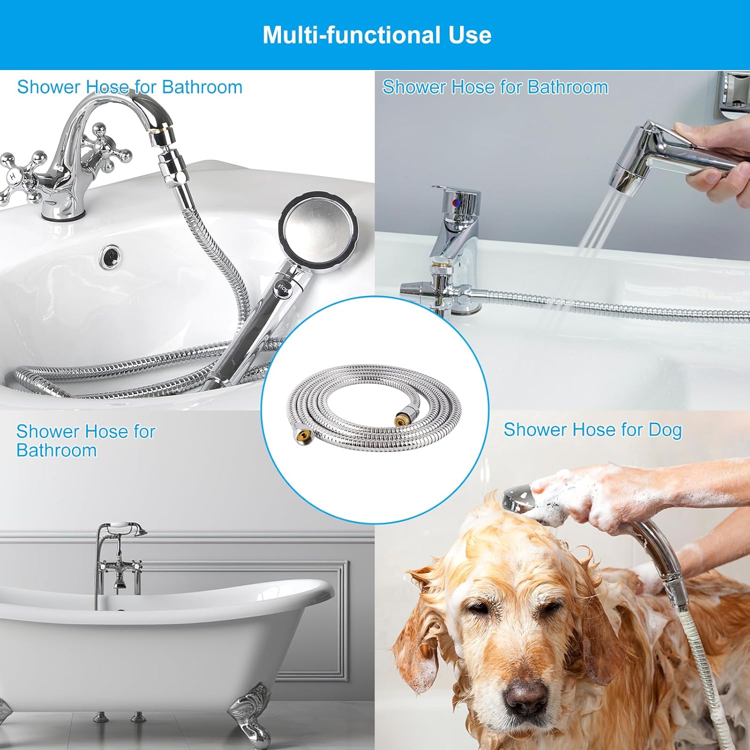 Hibbent All Metal 90-inch Stainless Steel Chrome Shower Hose wB brass Fittings for Home Use