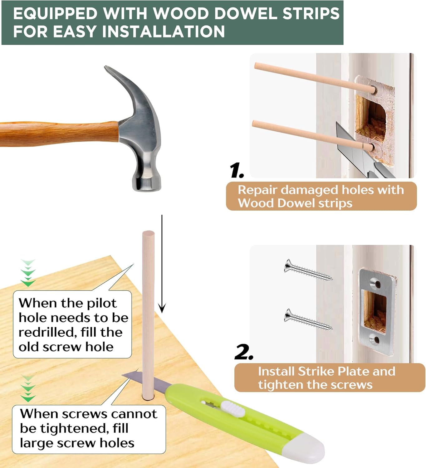 Sturdy SS Strike Plates 2PK Upgrade Large Hole Lock Restorers with Wood Dowels Easy to Install for Home Doors