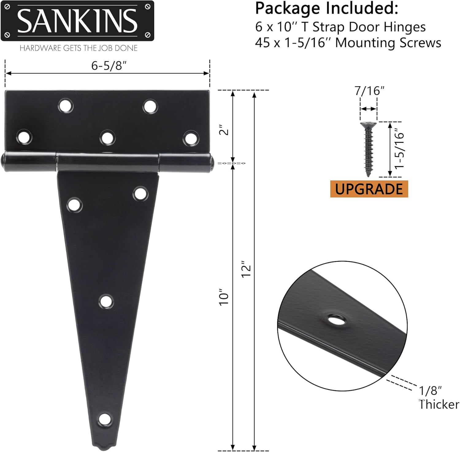 Heavy-Duty T-Strap Hinges for Wood Doors 10-Inch Pack of 6