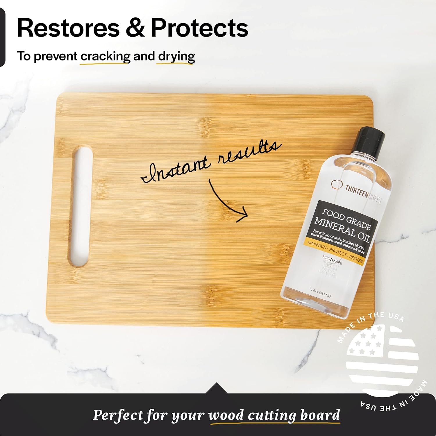 Thirteen Chefs 8 oz Mineral Oil for Cutting Board Butcher Block - Safe for Marble Soapstone USP Finish Neutral Smell