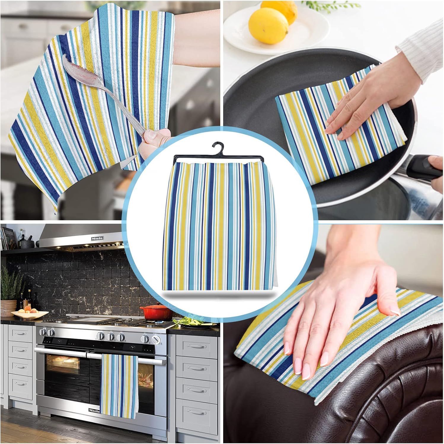ZOE GARDEN Yellow Blue Stripe 4-Piece Kitchen Towels Microfiber Quick Dry Durable Kitchen Bathroom Use