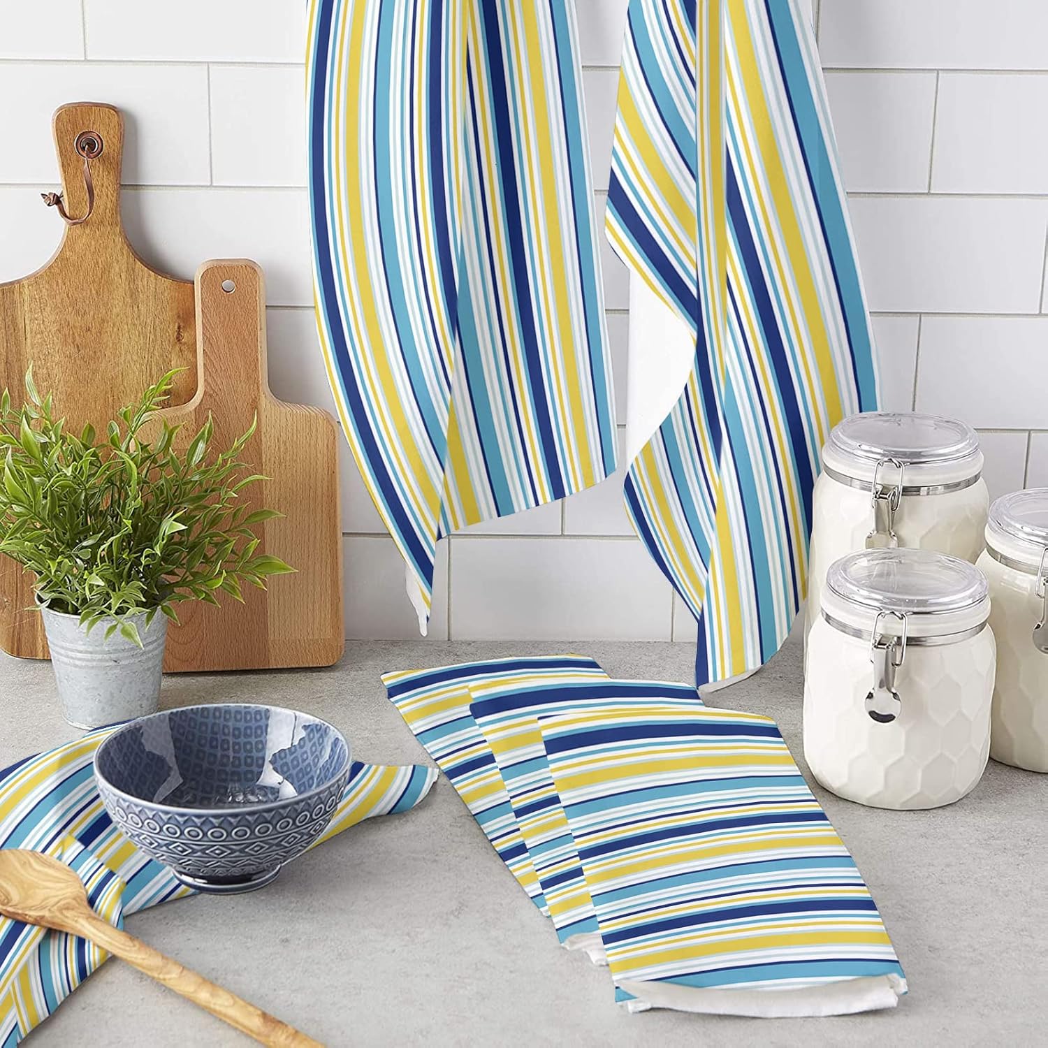 ZOE GARDEN Yellow Blue Stripe 4-Piece Kitchen Towels Microfiber Quick Dry Durable Kitchen Bathroom Use
