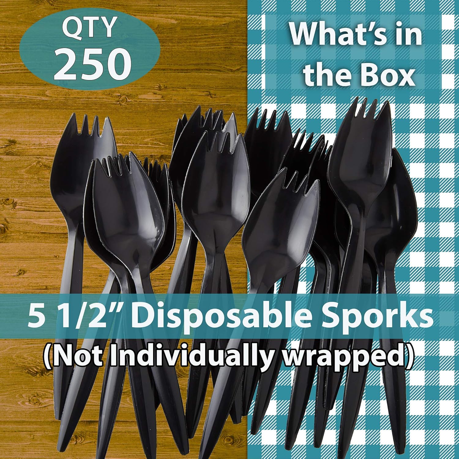 BPA-Free Black Disposable Sporks 250 Pk Recyclable Eco-Friendly and Kid-Safe 2-in-1 Utensils Built Strong to Last
